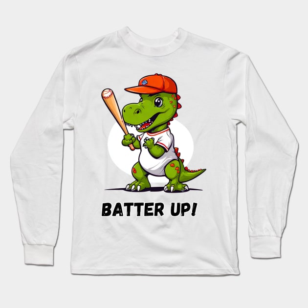 Batter Up Dino Playing Baseball Long Sleeve T-Shirt by Doodle and Things